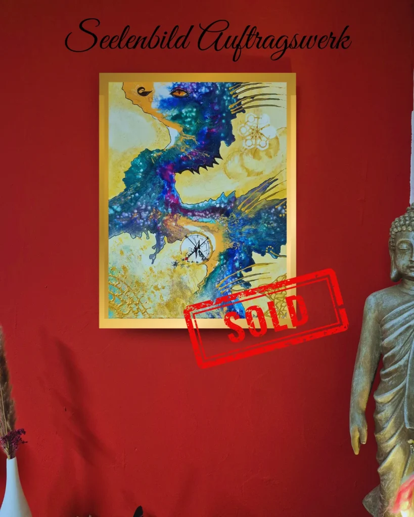 Seelenbild in Blau und Gold an roter Wand, verkauft