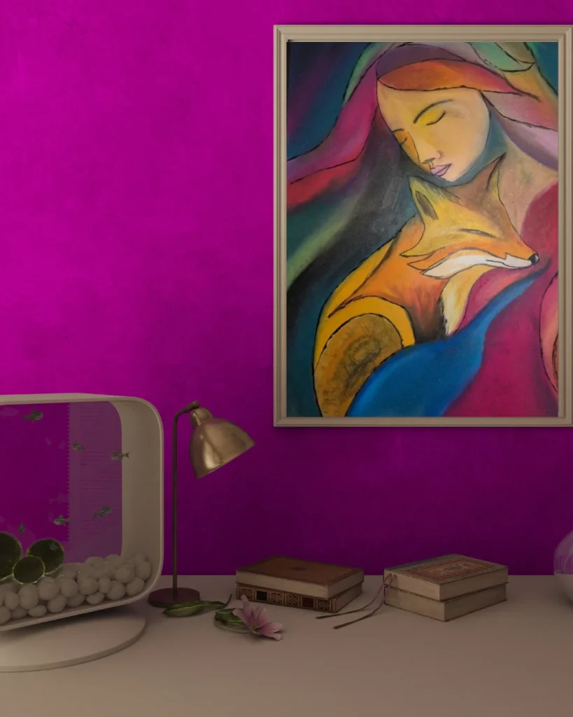 Seelenbild in Blau und Gold an pinkfarbener Wand