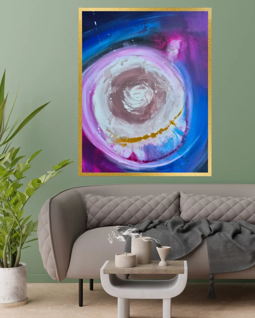 Seelenbild mit Kreisform in Blau und Gold über einem Sofa