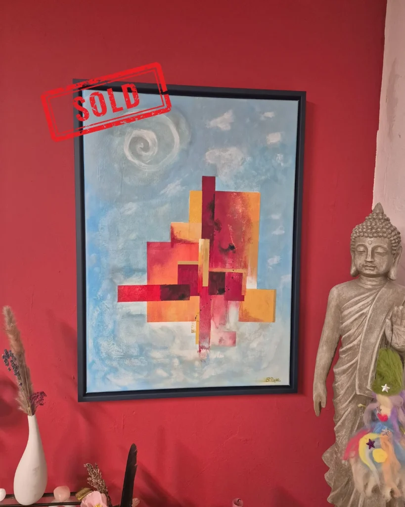 Seelenbild in Rot und Orange an roter Wand, verkauft