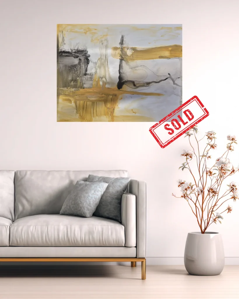 Seelenbild in Grün und Blau über einem hellen Sofa, verkauft