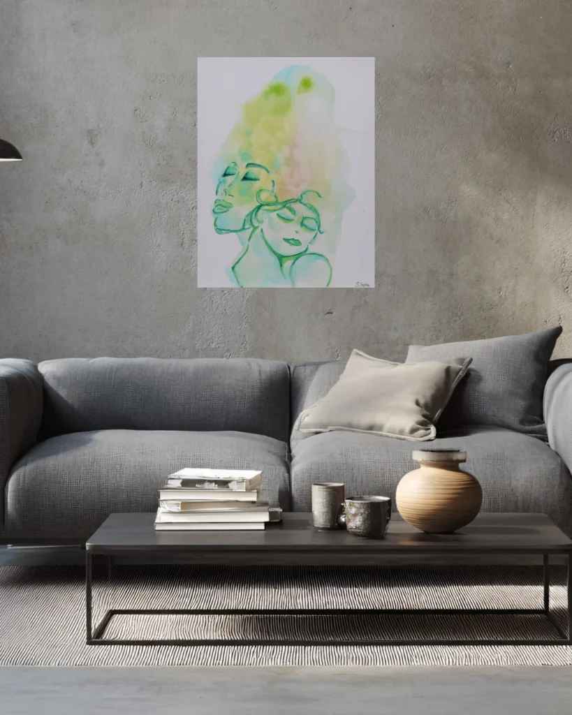 Seelenbild in Grün und Pink über einem hellen Sofa