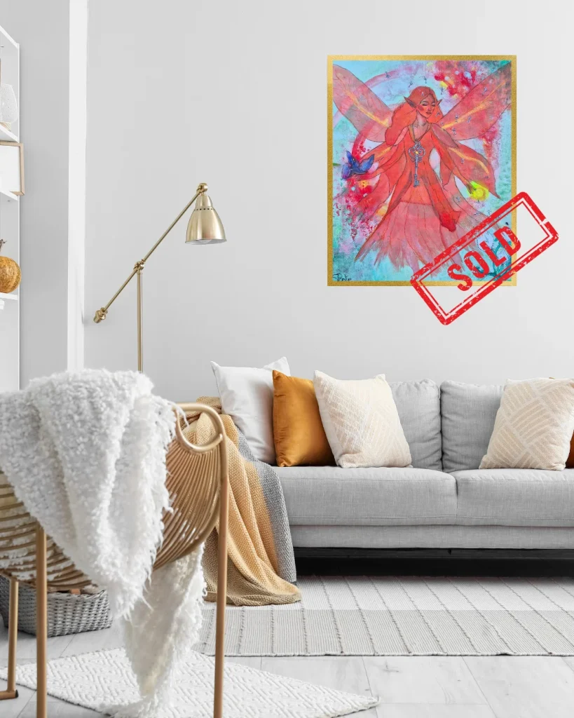 Seelenbild in Pink über einem Sofa, verkauft