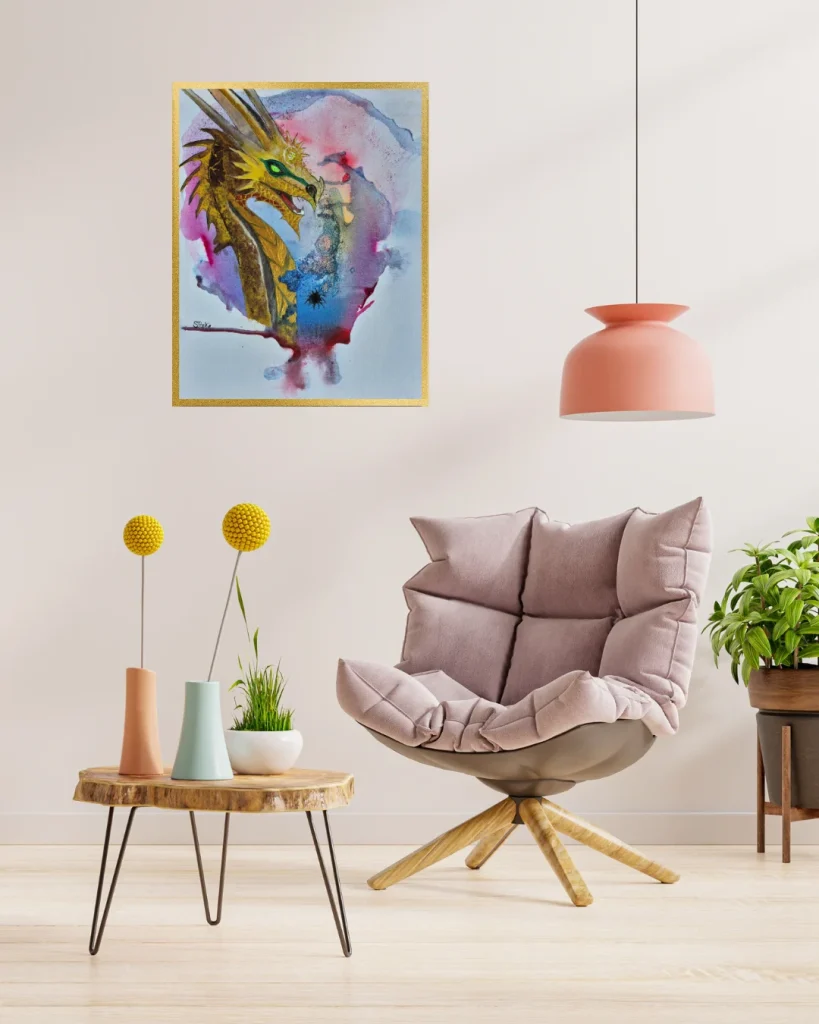 Seelenbild in Pink und Blau in einem hellen Wohnraum