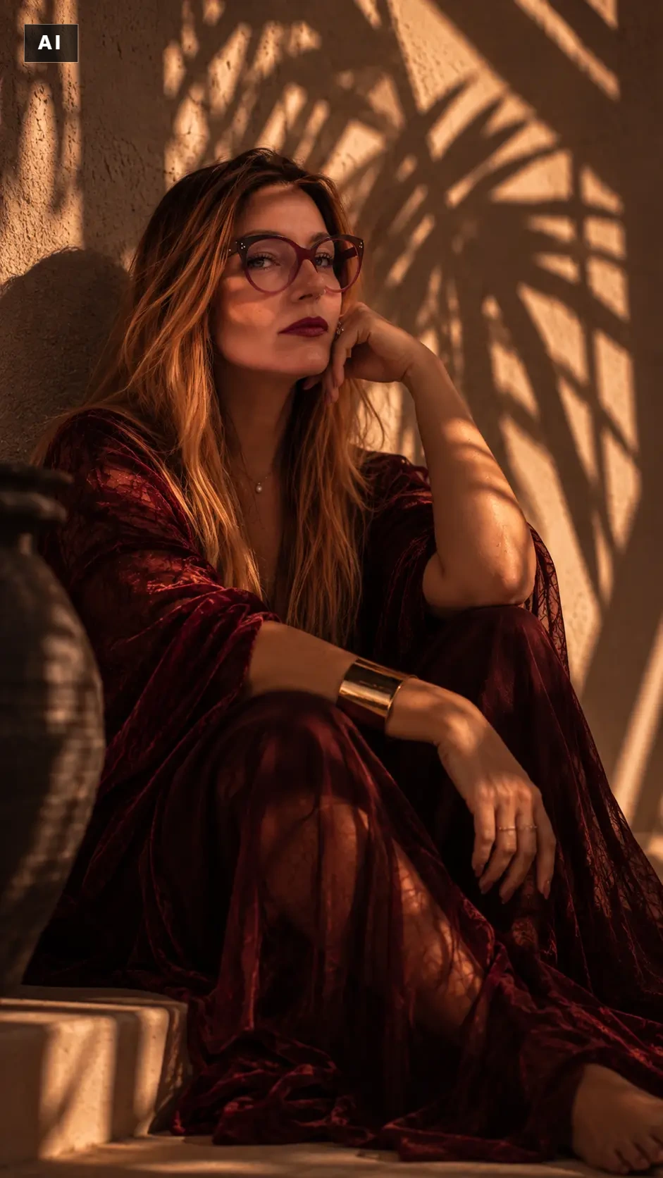 Sandra Steinkönig in weinrotem Kleid vor Palmenschatten