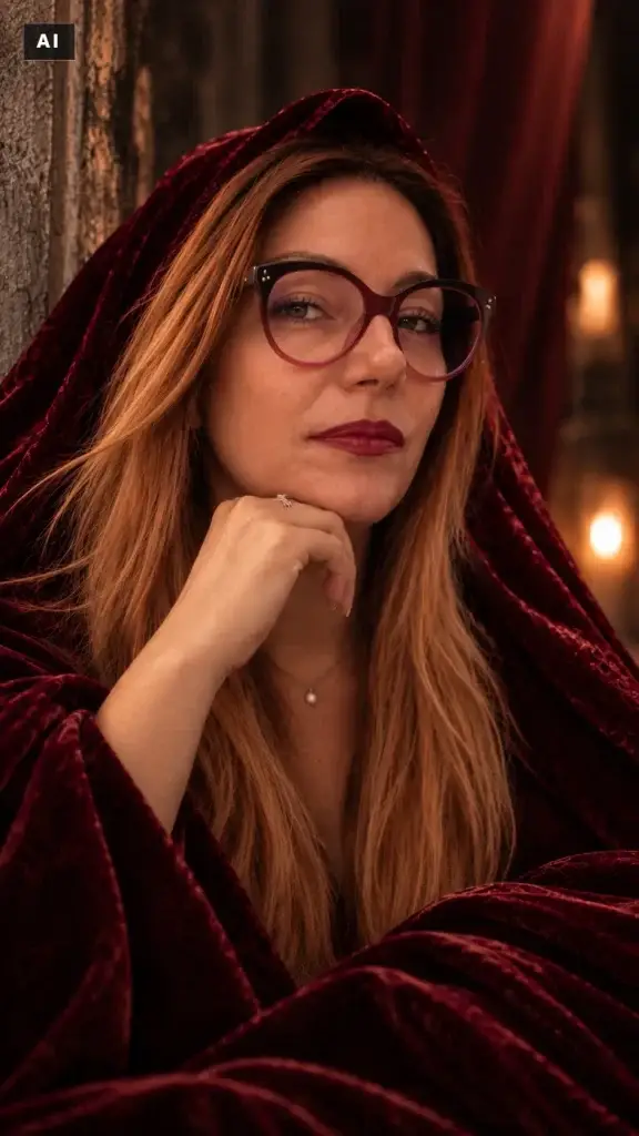 Porträt von Sandra Steinkönig mit Brille in warmem Rotlicht