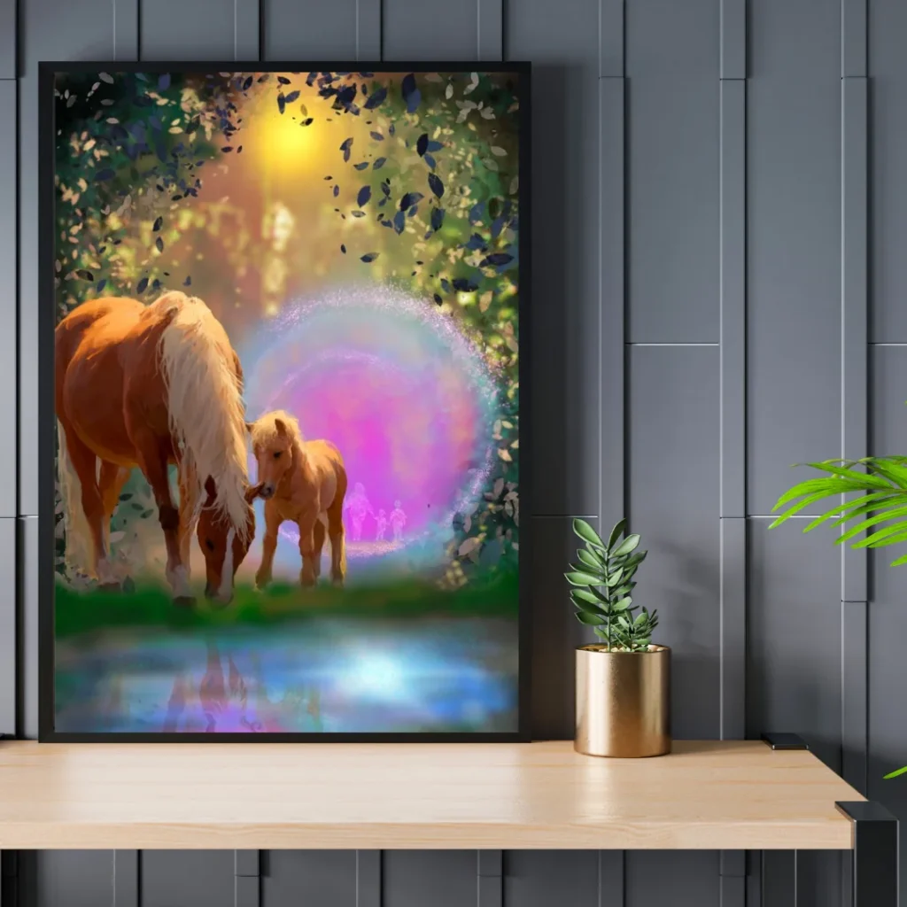 Digitale Kunst: zwei Pferde vor einem leuchtenden Portal in einer nächtlichen Landschaft
