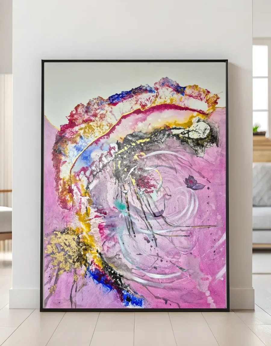 Gerahmtes Seelenbild in Pink und Türkis an heller Wand